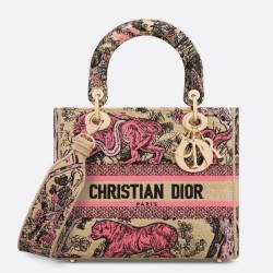 Replica Perfette Dior Dioriviera Lady D-Lite Medium Bag Raffia con ricamo Toile de Jouy Sauvage rosa imitazioni