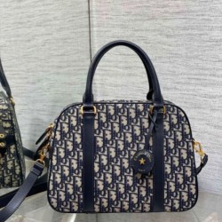 Dior D-Vibe Bowling Borsa grande Jacquard blu obliquo Replica qualità specchio Replica Perfette Dior D-Vibe Bowling Borsa grande Jacquard blu obliquo imitazioni
