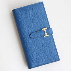 Dettagli perfetti Replica Portafoglio lungo Hermès Bearn fatto a mano in pelle di vitello Epsom blu Francia imitazione Outlet