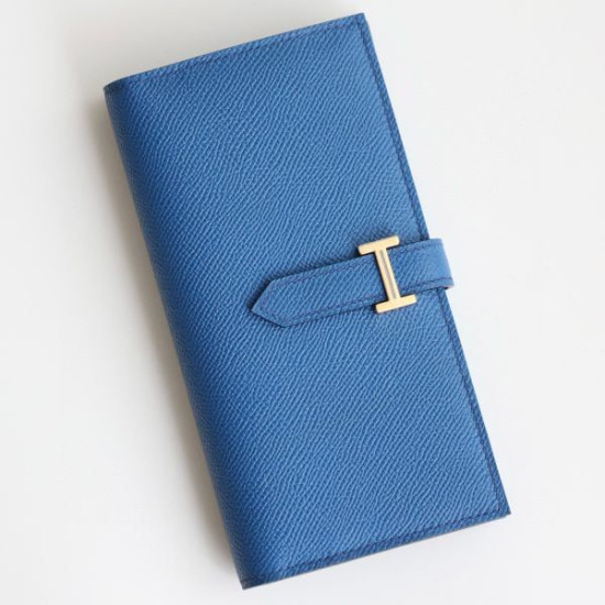 Dettagli perfetti Replica Portafoglio lungo Hermès Bearn fatto a mano in pelle di vitello Epsom blu Francia imitazione Outlet