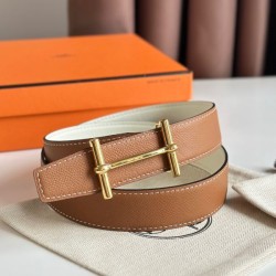 Replica qualità specchio Cintura Hermès H Ancre reversibile, 32 mm, pelle di vitello Epsom Oro e Bianco