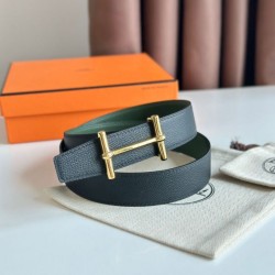 Replica qualità specchio Cintura Hermès H Ancre reversibile, 32 mm, pelle di vitello Epsom Nero e Verde