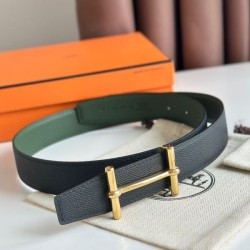 Replica qualità specchio Cintura Hermès H Ancre reversibile, 32 mm, pelle di vitello Epsom Nero e Verde