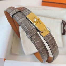 Replica qualità specchio Cintura Hermès Kelly 18 in alligatore lucido color tourterelle