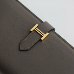 Replica qualità specchio Portafoglio Hermes Bearn lungo fatto a mano Etain Swift in pelle di vitello