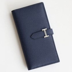 Alta gamma replica imitazione Replica Portafoglio lungo Hermès Bearn fatto a mano in pelle di vitello Epsom blu zaffiro imitazione Outlet