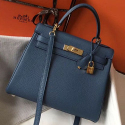 Borsa Hermes Kelly 28cm Retourne blu agata Clemence