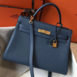 Borsa Hermes Kelly 32cm Retourne blu agata Clemence
