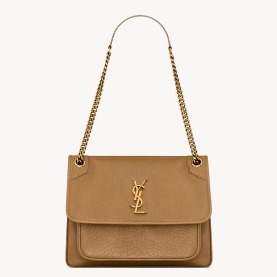 Borse Replica media Saint Laurent Niki a catena agnello martellata sughero scuro