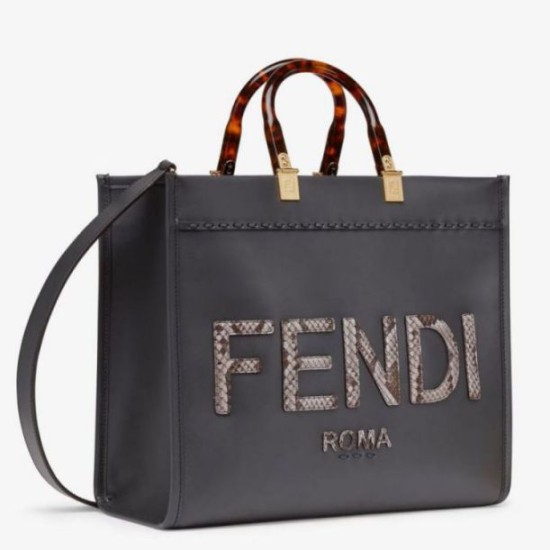 Borse Replica tote media Fendi Sunshine nera con logo pitone