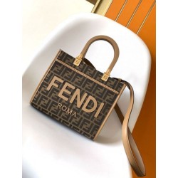 Borse Replica tote piccola Fendi Sunshine tessuto jacquard FF marrone