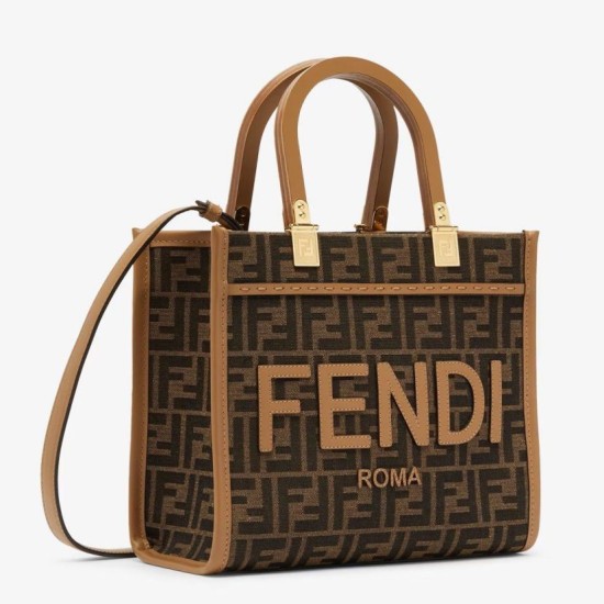 Borse Replica tote piccola Fendi Sunshine tessuto jacquard FF marrone