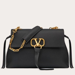 fedele Valentino Medium VRing Chain Borse Replica Nero Grainy Calfskin