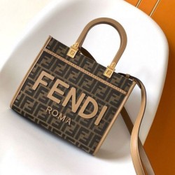 Riproduzione Fedele Borse Replica tote piccola Fendi Sunshine tessuto jacquard FF marrone imitazioni
