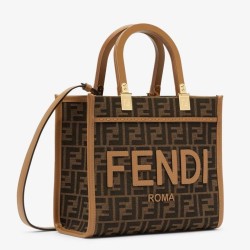 Borse Replica tote piccola Fendi Sunshine tessuto jacquard FF marrone
