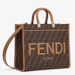 Riproduzione Fedele Borse Replica tote media Fendi Sunshine tessuto jacquard FF marrone imitazioni