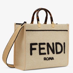 Borsa tote media Fendi Sunshine paglia nera e naturale