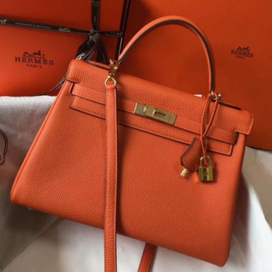 Hermes Kelly 32cm Retourne Borsa Arancione Clemence Hermes Kelly 32cm Retourne Borsa Arancione Clemence