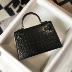 Hermes Kelly Mini II Borsa Nero Embossed Crocodile