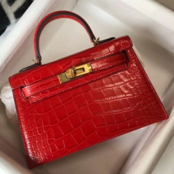 Hermes Kelly Mini II Borsa Rosso Embossed Crocodile