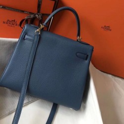 Borsa Hermes Kelly 28cm Retourne blu agata Clemence Replica qualità specchio Replica Perfette Borsa Hermes Kelly 28cm Retourne blu agata Clemence imitazioni