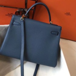 Borsa Hermes Kelly 32cm Retourne blu agata Clemence Replica qualità specchio Replica Perfette Borsa Hermes Kelly 32cm Retourne blu agata Clemence imitazioni