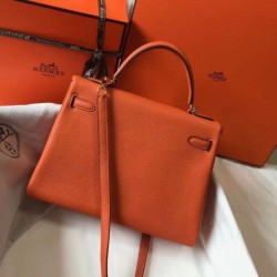 Hermes Kelly 32cm Retourne Borsa Arancione Clemence Replica qualità specchio Replica Perfette Hermes Kelly 32cm Retourne Borsa Arancione Clemence imitazioni