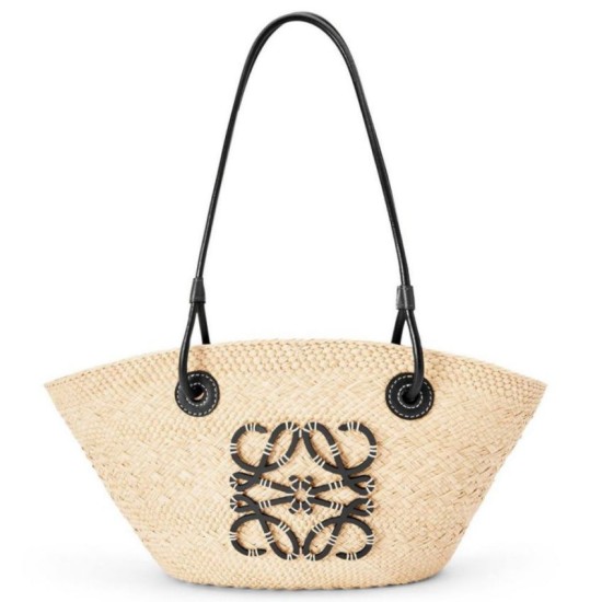 Loewe Piccolo Anagram Basket Imitazioni borse griffate Iraca Palm e Vitello Nero