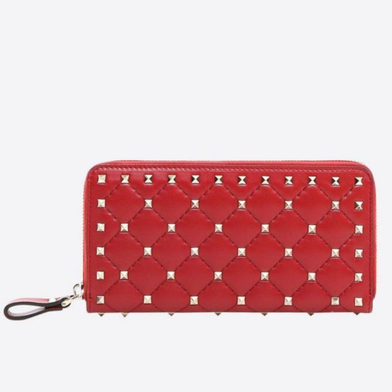 Valentino Rockstud Spike Zip Portafoglio Rosso Agnello