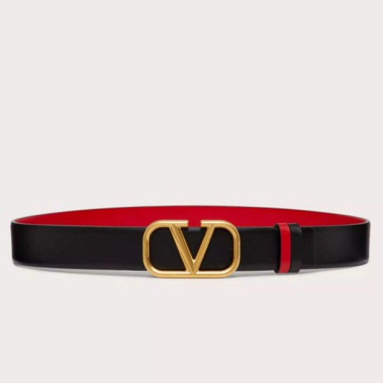 Valentino VLogo Cintura Reversibile 30mm Nero e Rosso Vitello