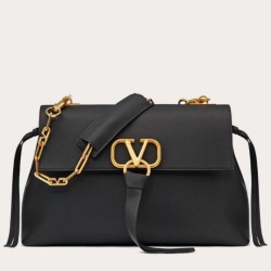 Riproduzione Fedele fedele Valentino Medium VRing Chain Borse Replica Nero Grainy Calfskin imitazioni
