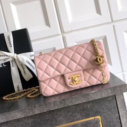 Replica qualità specchio Borse  Chanel piccola con patta classica CF in pelle di agnello lucida rosa