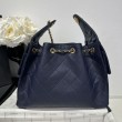 Chanel 25c AS5293 Borsa a secchiello Hobo Vintage piccola con coulisse in pelle di vitello granata Blu scuro