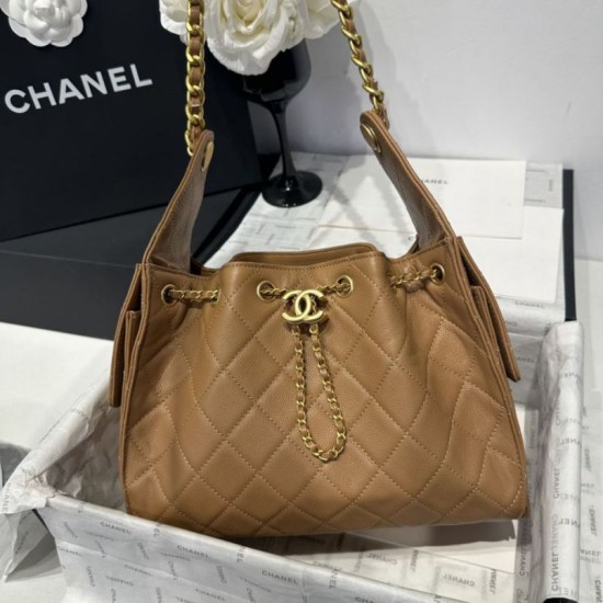 Chanel 25c AS5293 Borsa a secchiello Hobo Vintage piccola con coulisse in pelle di vitello granata Marrone