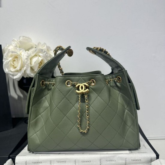 Chanel 25c AS5293 Borsa a secchiello Hobo Vintage piccola con coulisse in pelle di vitello granata Verde