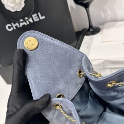 Chanel AS5293, borsa a secchiello con coulisse piccola Hobo Vintage, pelle di daino blu