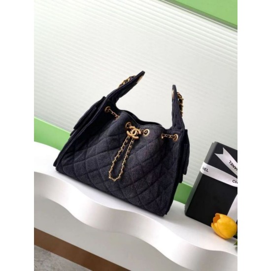 Chanel AS5293 Borsa Replica 1:1 a secchiello piccola Hobo Vintage con coulisse in denim nero