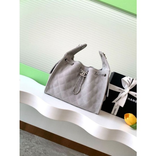 Chanel AS5293 Borsa a secchiello piccola Hobo Vintage con coulisse in pelle scamosciata grigia