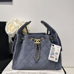 Replica qualità specchio Chanel AS5293, borsa a secchiello con coulisse piccola Hobo Vintage, pelle di daino blu