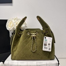 Replica qualità specchio Chanel AS5293, borsa a secchiello con coulisse piccola Hobo Vintage Verde pelle di daino