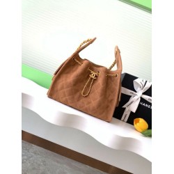 Chanel AS5293 Borse Imitazioni a secchiello piccola Hobo Vintage con coulisse in pelle scamosciata marrone