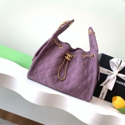 Replica qualità specchio Chanel AS5293 Borsa a secchiello piccola Hobo Vintage con coulisse in pelle scamosciata viola