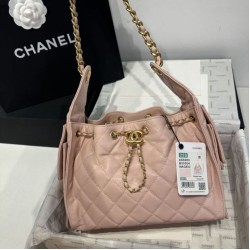 Chanel AS5293 Borse Imitazioni a secchiello piccola Hobo Vintage con coulisse in pelle di vitello granata rosa