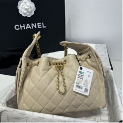 Replica qualità specchio Chanel AS5293 Borsa a secchiello piccola Hobo Vintage con coulisse in pelle di vitello granata albicocca