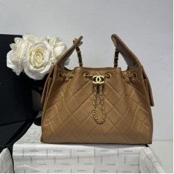 Replica Chanel 25c AS5293 Borsa a secchiello Hobo Vintage piccola con coulisse in pelle di vitello granata Marrone Imitazioni Replica qualità specchio Chanel 25c AS5293 Borsa a secchiello Hobo Vintage piccola con coulisse in pelle di vitello granata Marrone
