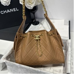 Replica qualità specchio Chanel 25c AS5293 Borsa a secchiello Hobo Vintage piccola con coulisse in pelle di vitello granata Marrone