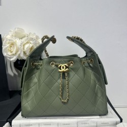 Replica qualità specchio Chanel 25c AS5293 Borsa a secchiello Hobo Vintage piccola con coulisse in pelle di vitello granata Verde