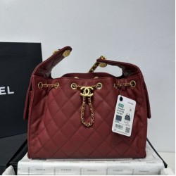 Replica Chanel 25c AS5293 Borsa a secchiello Hobo Vintage piccola con coulisse in pelle di vitello granata Rosso Imitazioni Replica qualità specchio Chanel 25c AS5293 Borsa a secchiello Hobo Vintage piccola con coulisse in pelle di vitello granata Rosso