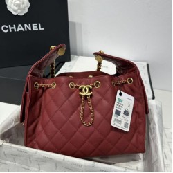 Replica qualità specchio Chanel 25c AS5293 Borsa a secchiello Hobo Vintage piccola con coulisse in pelle di vitello granata Rosso