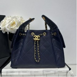 Replica Chanel 25c AS5293 Borsa a secchiello Hobo Vintage piccola con coulisse in pelle di vitello granata Blu scuro Imitazioni Replica qualità specchio Chanel 25c AS5293 Borsa a secchiello Hobo Vintage piccola con coulisse in pelle di vitello granata Blu scuro